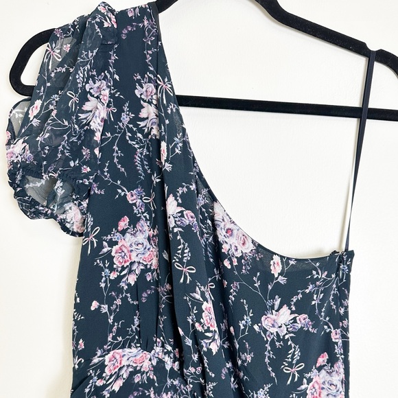 LoveShackFancy Peyton Mini Dress Navy Blue Floral Bow Silk One Shoulder Medium - Picture 3 of 9